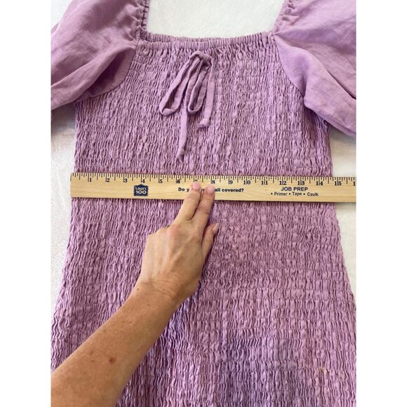 Faithfull The Brand Annibelis Mini Dress Sz M Purple Linen Smocked Puff Sleeve - Picture 14 of 16